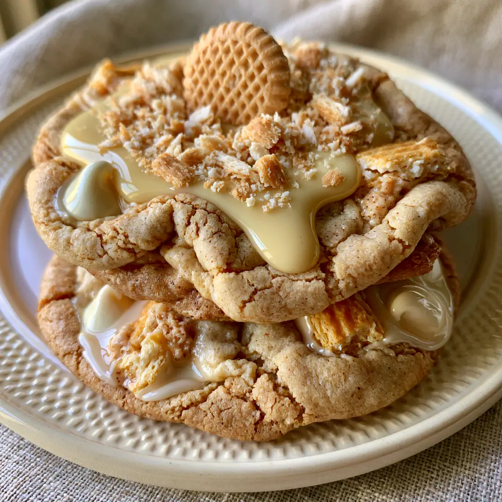 Overhead view of chewy banana pudding cookies showing cracked surfaces and embedded white chocolate chips.