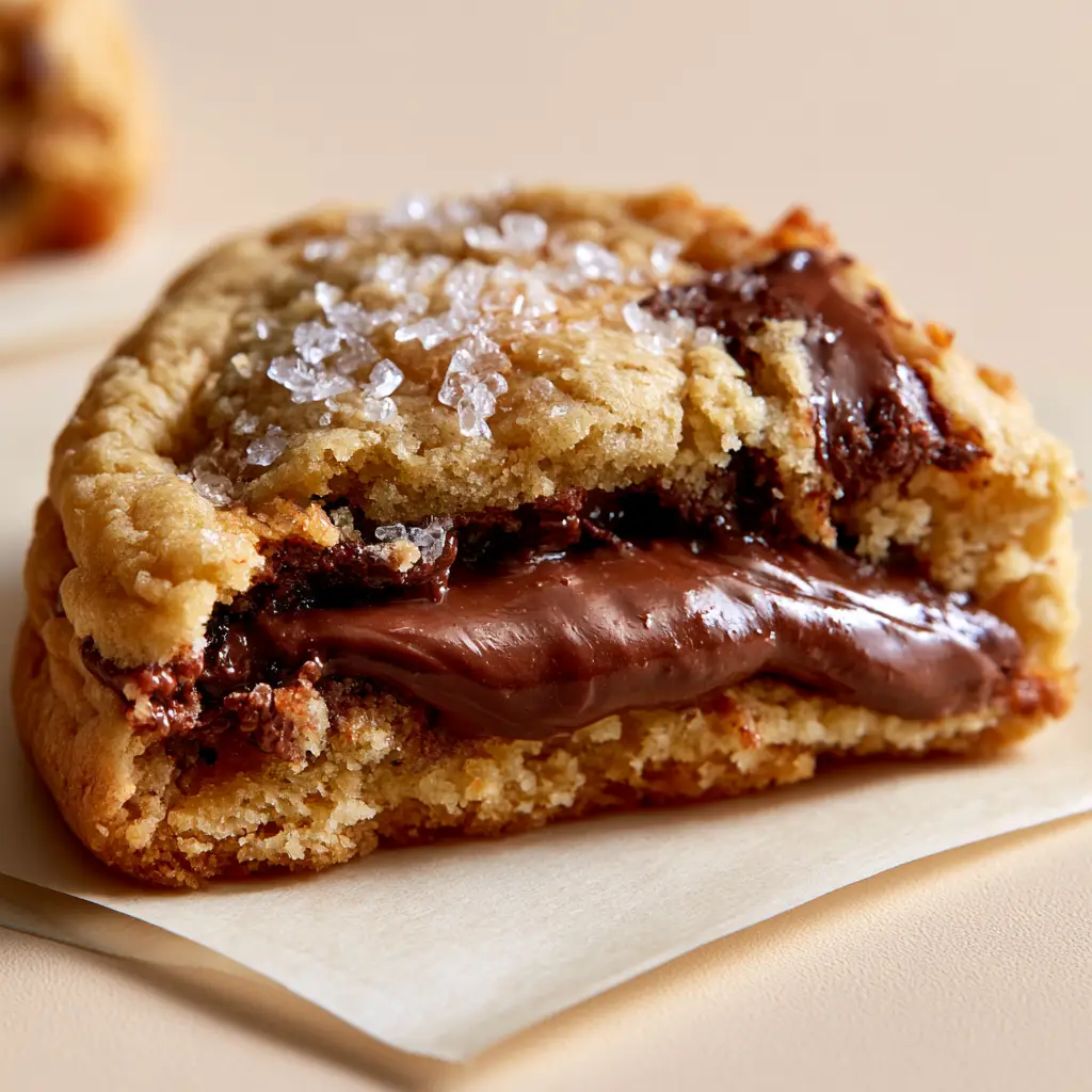 Cleanly sliced Nutella stuffed chocolate chip cookie showing the thick hazelnut cocoa spread center.