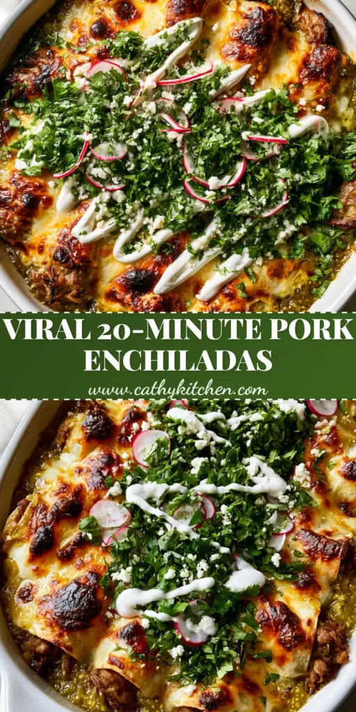A vertical shot of pulled pork enchiladas verde in a white dish, topped with bubbly charred Monterey Jack cheese, cilantro, radishes, and a crema drizzle.