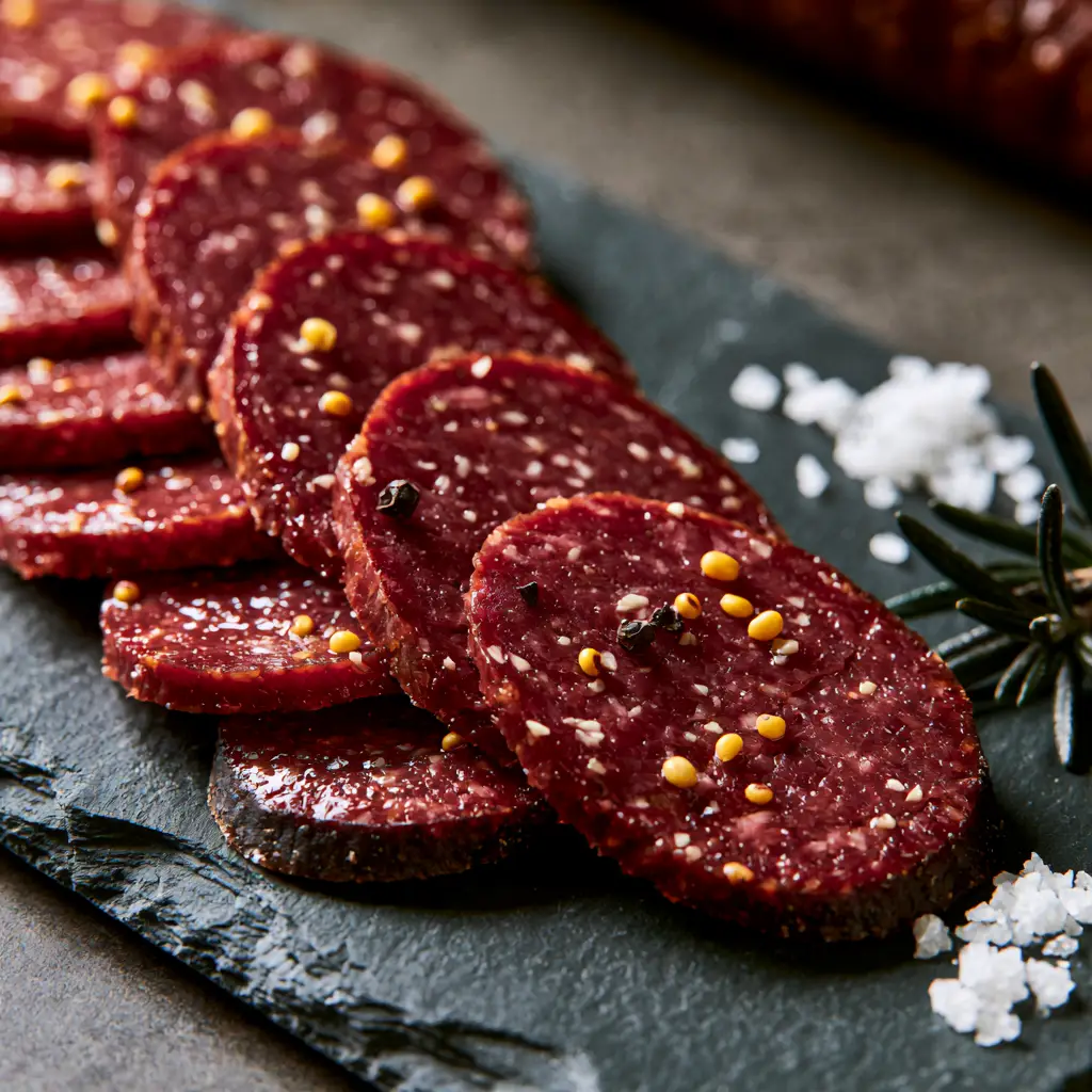 Detailed view of the deep-red interior and mustard seeds of a sliced beef summer sausage.