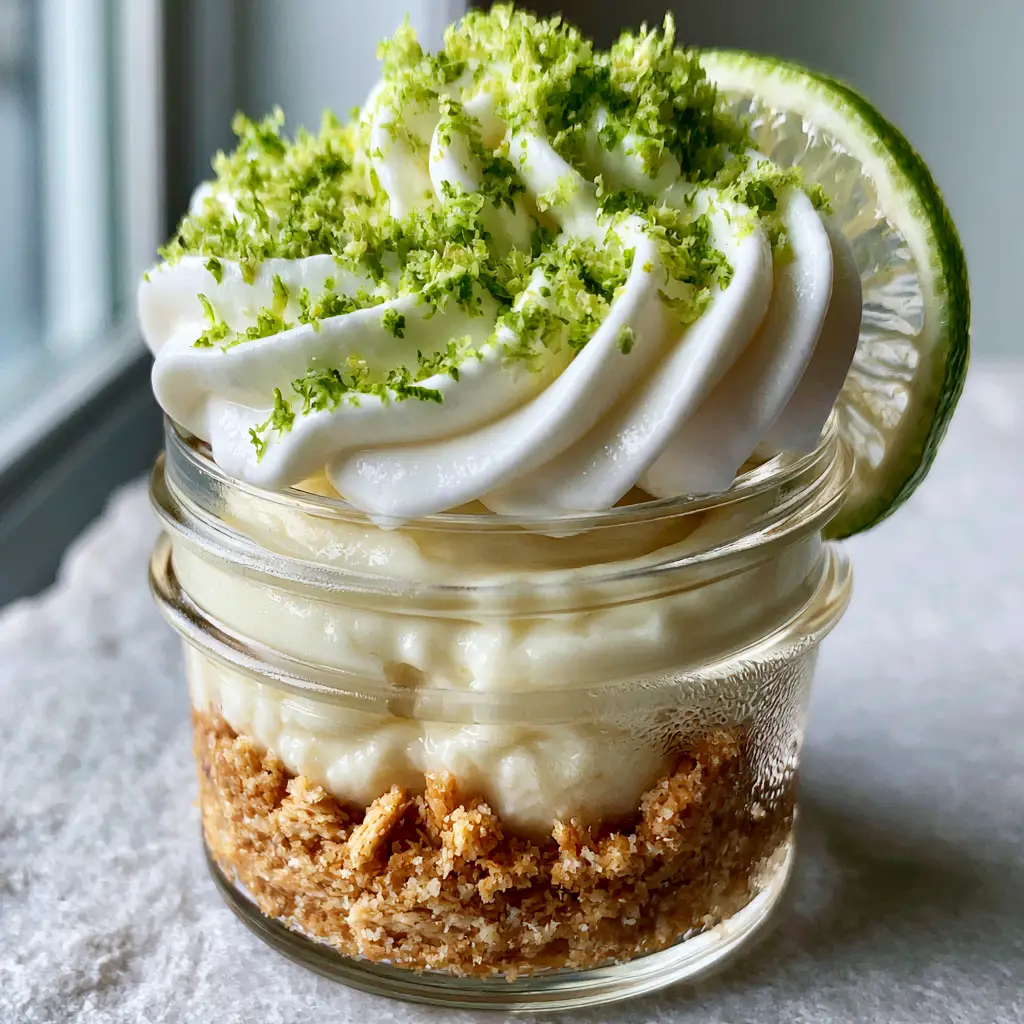 Top down view of a key lime pie jar showing the decorative whipped cream swirl and bright green lime zest flakes.