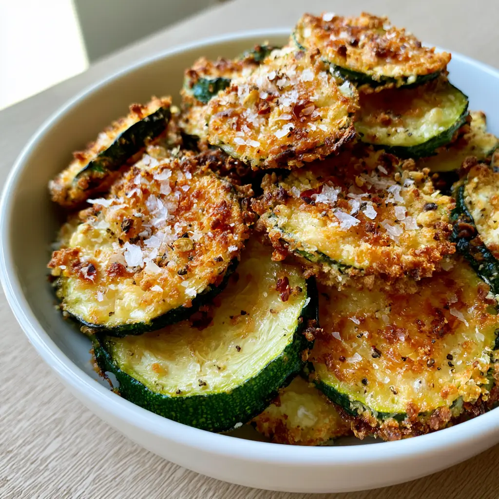 Macro shot of golden-brown air-fried zucchini rounds showing textured parmesan crust and red chili flakes. (3-ingredient snacks)