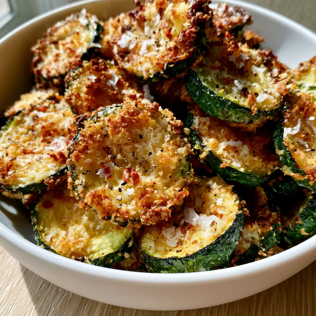 Close up of crispy zucchini chips with toasted breadcrumbs and melted cheese sheen on a white plate.