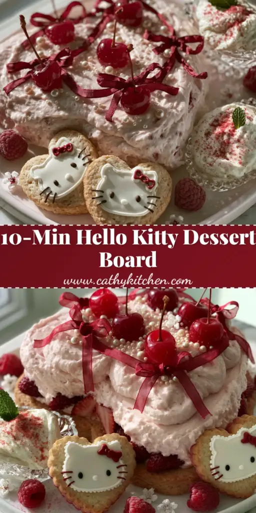 An overhead smartphone photo of an aesthetic Hello Kitty Snacks board with strawberry bows and pink macarons on a wooden platter. (Hello Kitty Snacks)