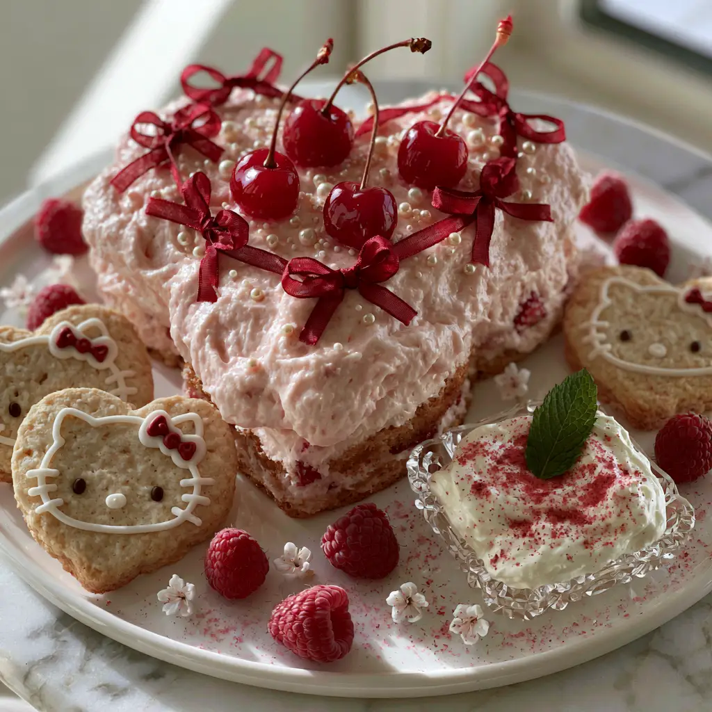 A wide angle shot of the complete pink dessert platter against a neutral white linen background.