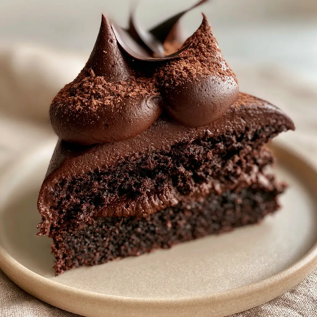 Detailed close-up of a cake slice on a matte beige plate, topped with chocolate buttercream frosting and cocoa powder dust.