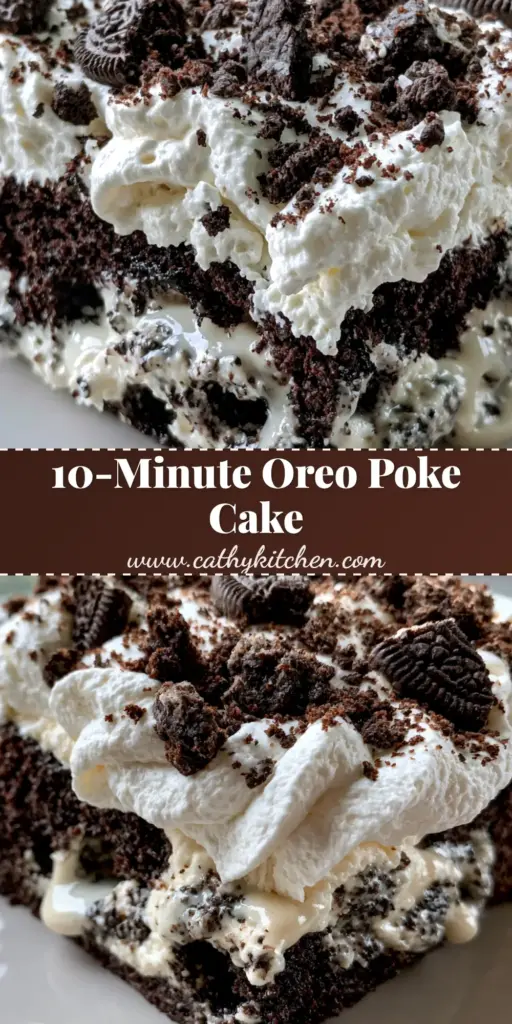 A tall slice of Oreo Poke Cake showing dark chocolate layers, white whipped cream, and Oreo cookie chunks. (Oreo Poke Cake)