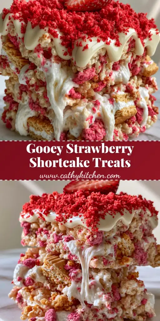 A tall stack of gooey Strawberry shortcake rice krispie treats featuring white chocolate drizzle, strawberry powder, and fresh strawberry garnish on a marble slab.