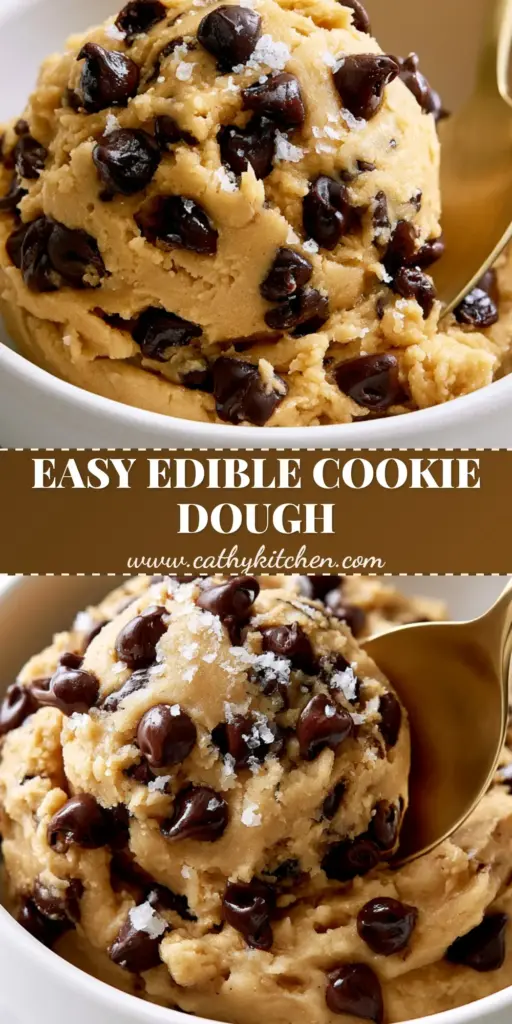 A Pinterest-style vertical shot of a scoop of chocolate chip cookie dough in a white ceramic dish with a brass spoon.