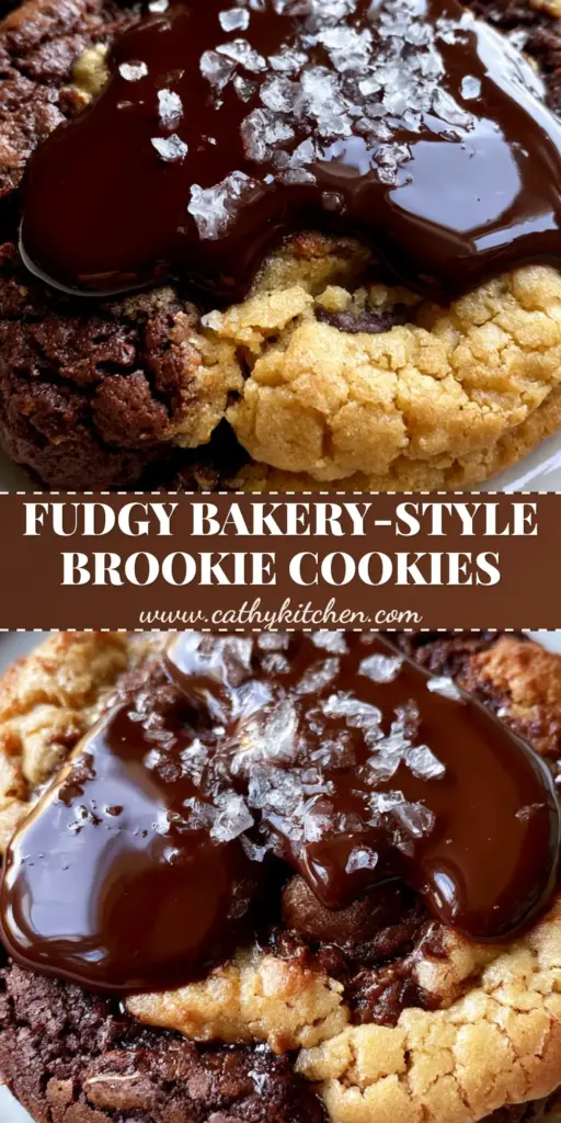 A close-up vertical shot of marbled brookie cookies with a shiny crinkle crust and melted chocolate puddles on a ceramic plate.
