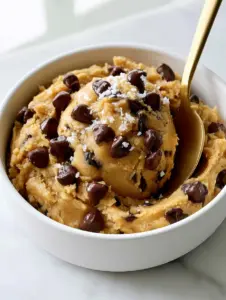 Elegant close-up of a scoop of pale golden-brown chocolate chip cookie dough with sea salt and a brass spoon.
