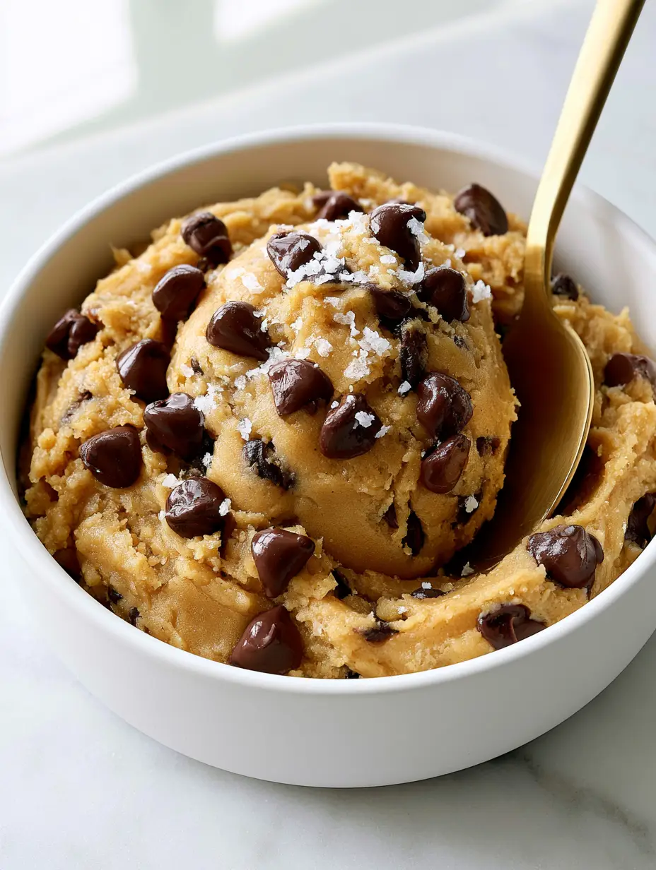 Elegant close-up of a scoop of pale golden-brown chocolate chip cookie dough with sea salt and a brass spoon.