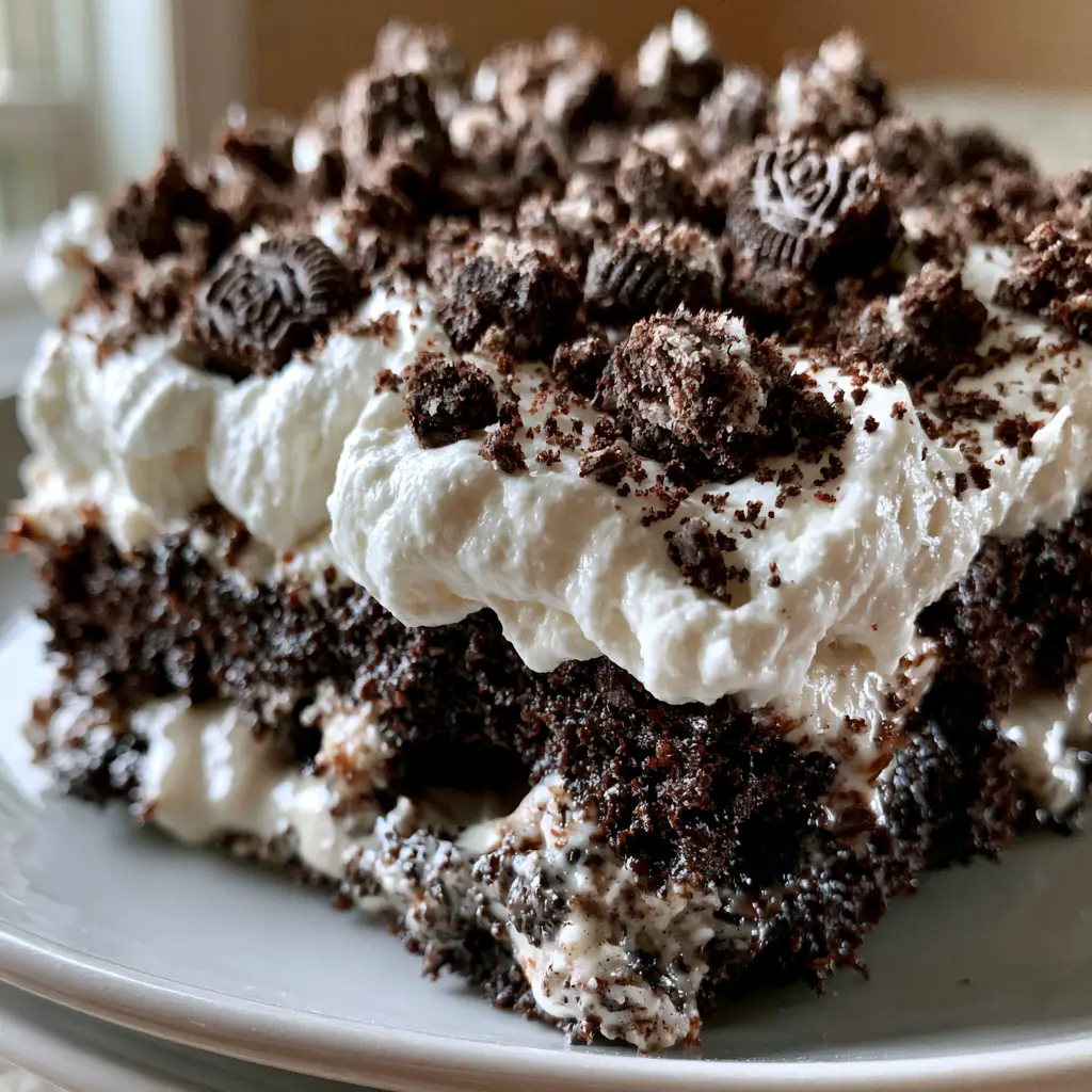 Overhead view of a slice of Oreo Poke Cake highlighting the crumbly Oreo topping and fluffy cream.