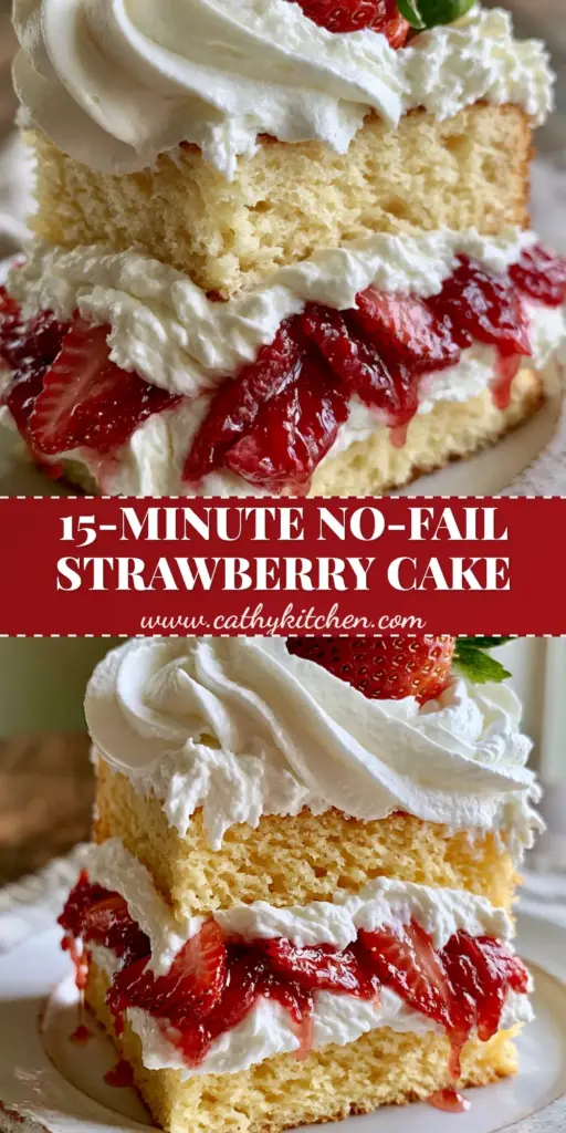 A tall slice of triple-layer Strawberry Shortcake Cake with thick white whipped cream and macerated berries on a white plate.