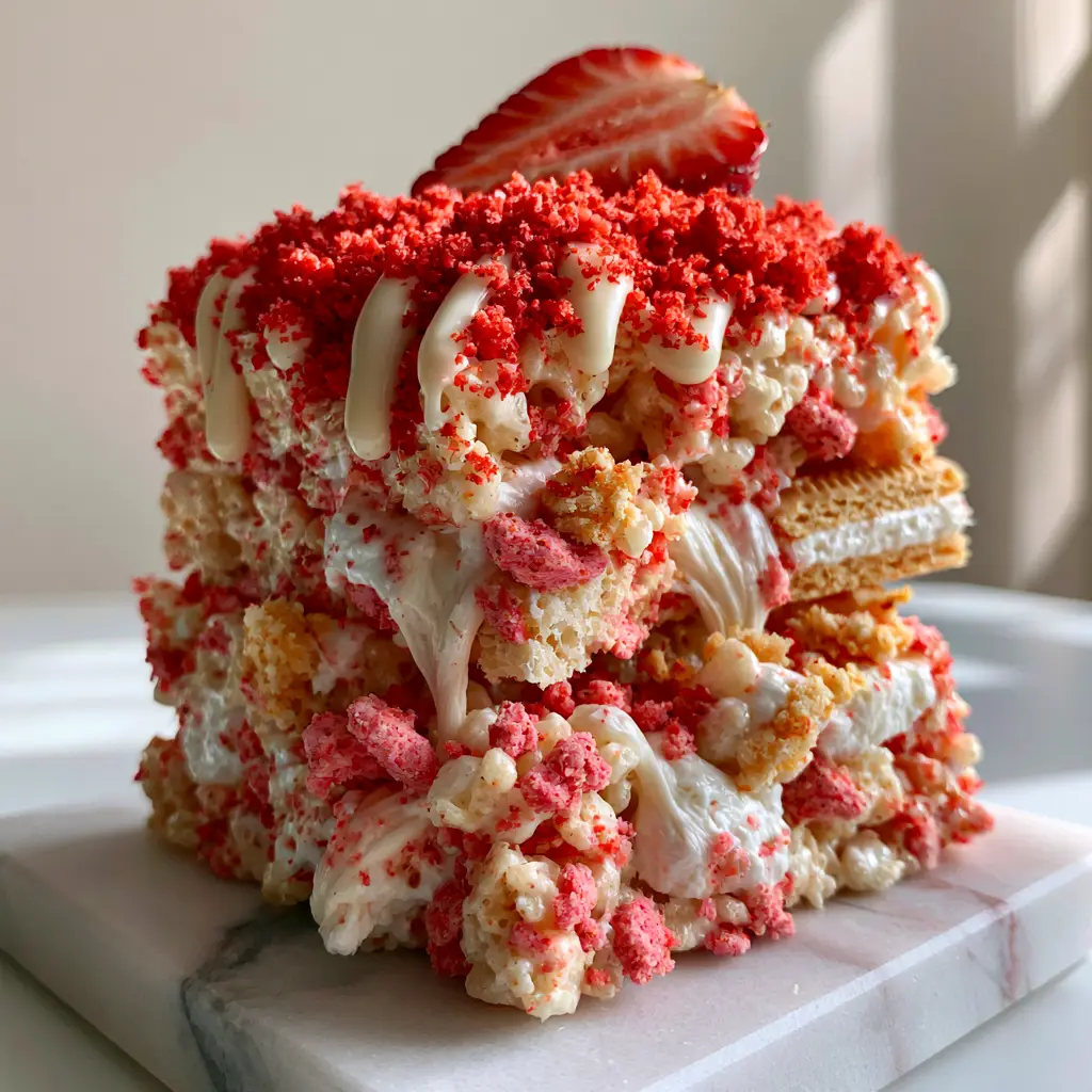 A pile of Strawberry shortcake rice krispie treats on a white marble slab with bright red strawberry crumble.