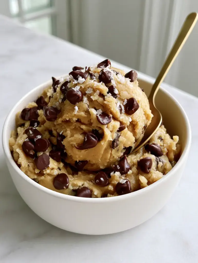 Glossy dark chocolate chips inside pale golden edible cookie dough in a matte-white ceramic bowl.