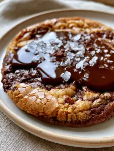 Macro shot of a brookie cookie showing deep cracks in the shiny crust and flaky sea salt.