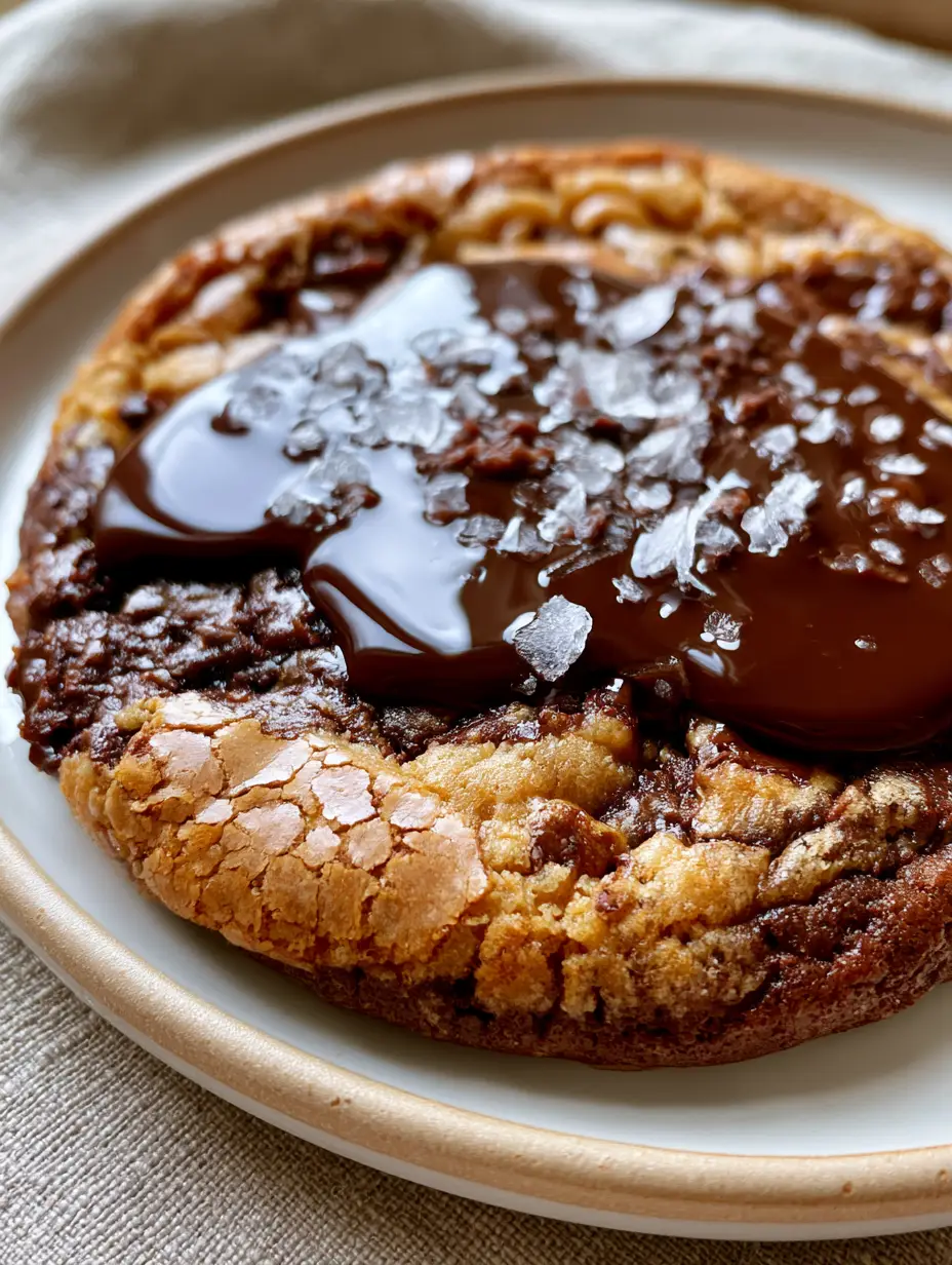 Macro shot of a brookie cookie showing deep cracks in the shiny crust and flaky sea salt.
