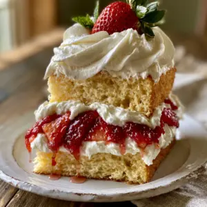 Close up shot of the moist golden sponge layers and glossy strawberry syrup of a Strawberry Shortcake Cake.