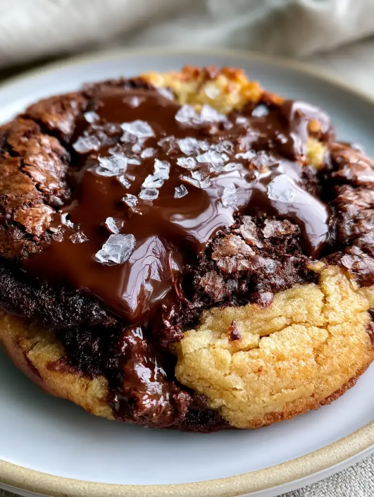 Close up of melted dark chocolate pooling on a marbled brownie chocolate chip cookie.