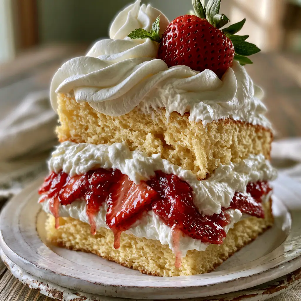 Side view of a tall Strawberry Shortcake Cake slice showing 1-inch thick stabilized whipped cream layers.