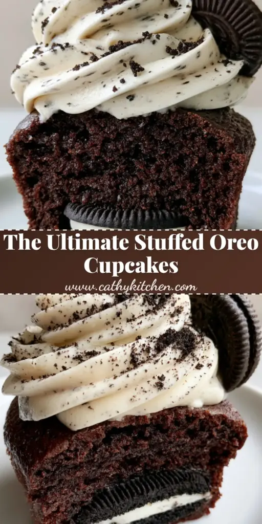A tall Pinterest-style vertical shot of a chocolate Oreo cupcake with towering cookies and cream frosting and a mini cookie garnish. (oreo cupcakes)