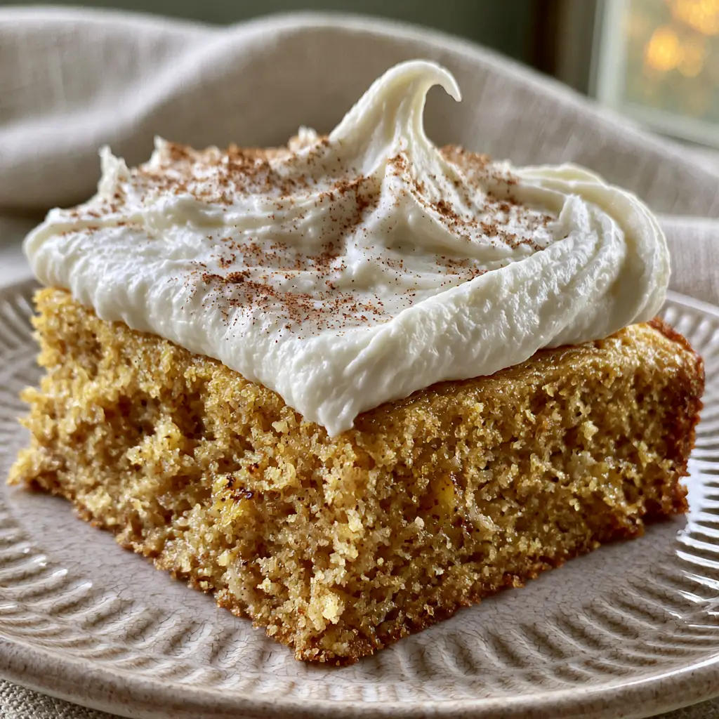 High angle shot of a square slice of banana bars with velvety swirled white frosting on a linen cloth.