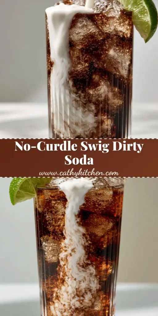 A tall ribbed glass filled with clear ice and Dr Pepper, topped with a thick coconut creamer swirl and a lime wedge. (Dr Pepper dirty soda)