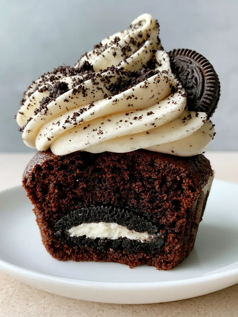 A perfect cross-section of an oreo cupcake revealing the whole cookie base, moist dark sponge, and speckled buttercream. (oreo cupcakes)
