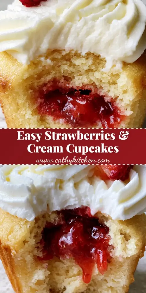 A vertical tall pin showing strawberries and cream cupcakes with golden sponge, jam filling, and piped white frosting.