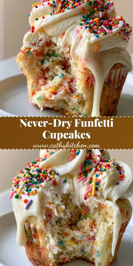 A towering gourmet sour cream funfetti cupcake with a thick buttercream swirl, glossy white chocolate drip, and vibrant rainbow nonpareils.