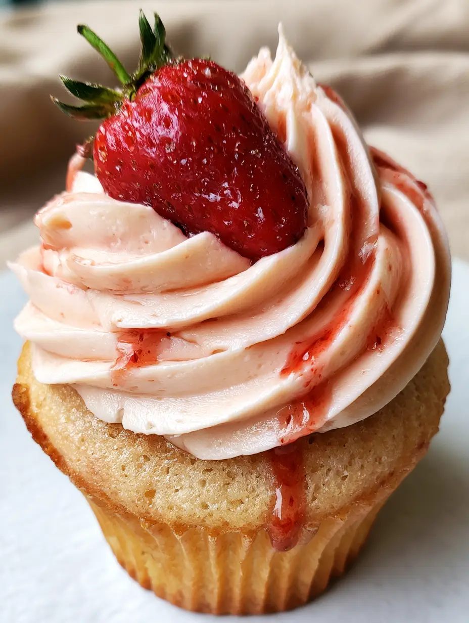 Close-up of a golden vanilla sponge cupcake with a pale pink cream cheese frosting and star tip definition. (erdbeer-cupcakes)