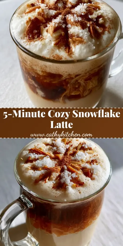 A clear glass mug featuring a Vanilla Almond Snowflake Latte with espresso swirls, thick almond froth, toasted almonds, and a cinnamon snowflake dusting.