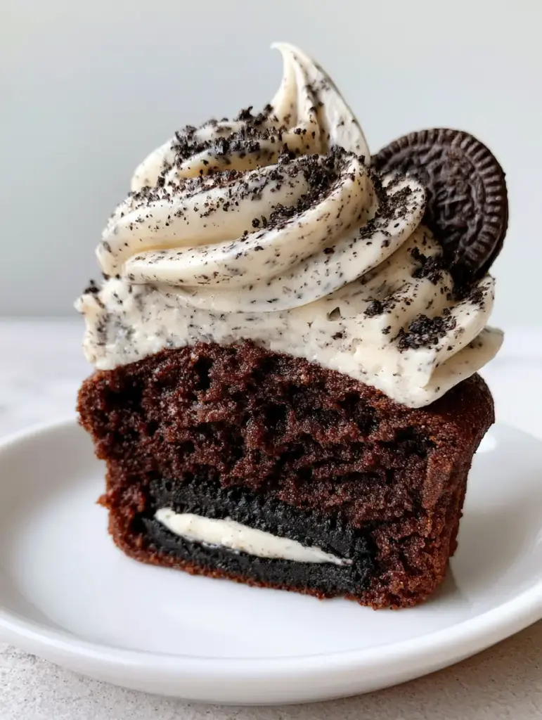 Macro view of the cookies and cream buttercream frosting on oreo cupcakes with fine cookie crumbs.