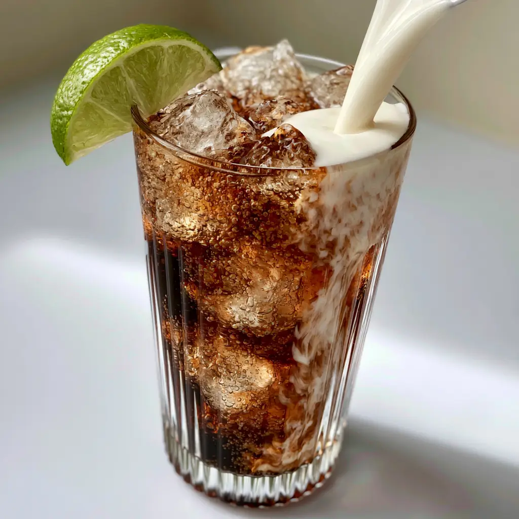 Handheld photo showing a thick white coconut creamer being poured into a tall glass of dark Dr Pepper dirty soda.