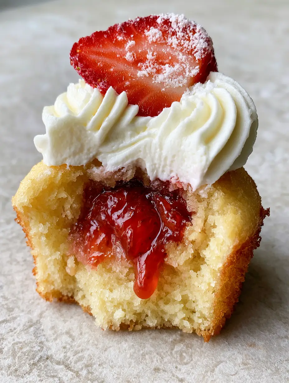 An eye-level close-up of a bitten strawberries and cream cupcakes revealing the glossy red jam filling and golden sponge.