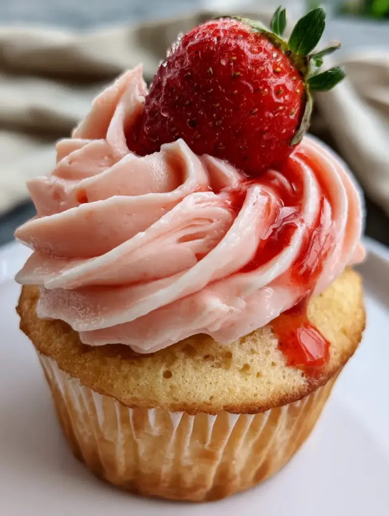 Side view of an erdbeer-cupcake showing the moist crumb and the glossy strawberry coulis cascading down.