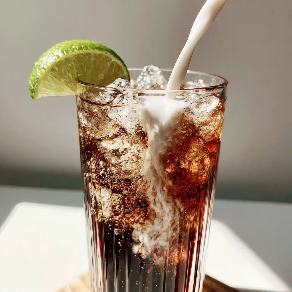 A finished Dr Pepper dirty soda in a ribbed glass with clear ice and a fresh lime garnish on a neutral background.
