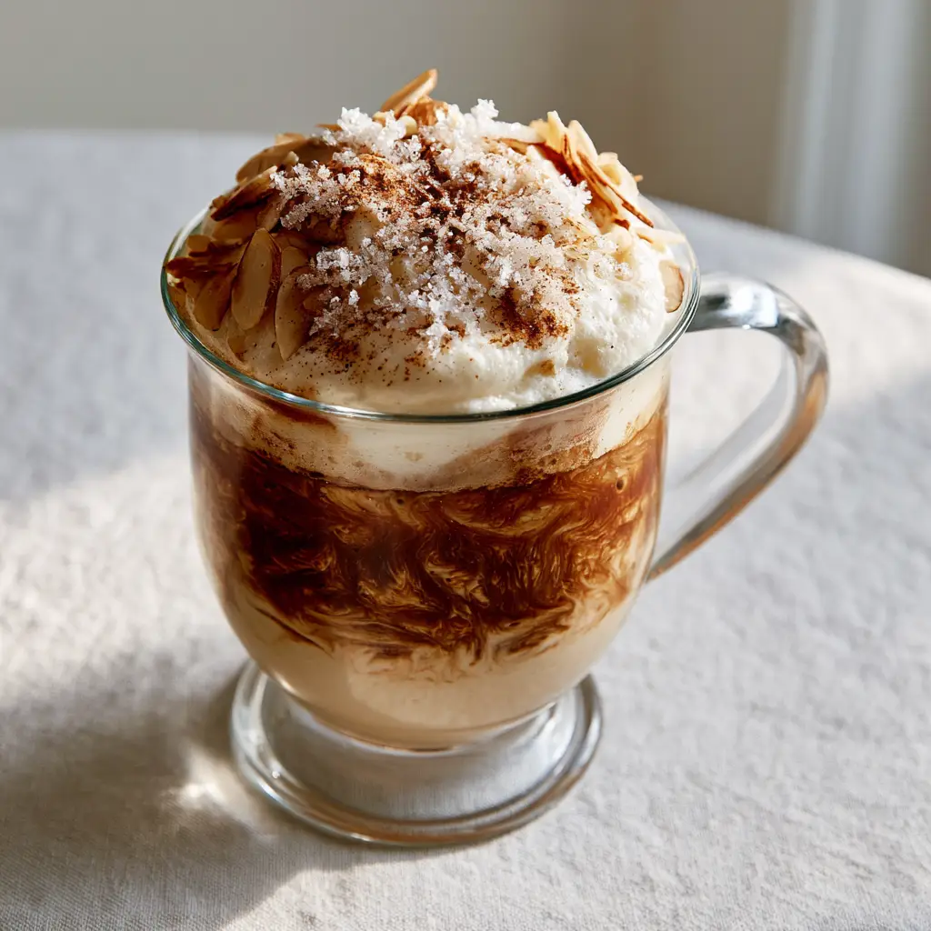Close up of a Vanilla Almond Snowflake Latte showing the thick white froth and ground cinnamon snowflake pattern.