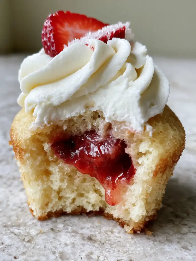 A pair of strawberries and cream cupcakes on a stone countertop with soft natural side lighting.