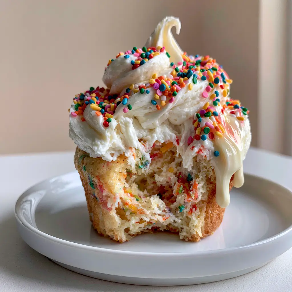Close up of a gourmet funfetti cupcake with thick vanilla buttercream, glossy white chocolate glaze drip, and multicolored sprinkles.