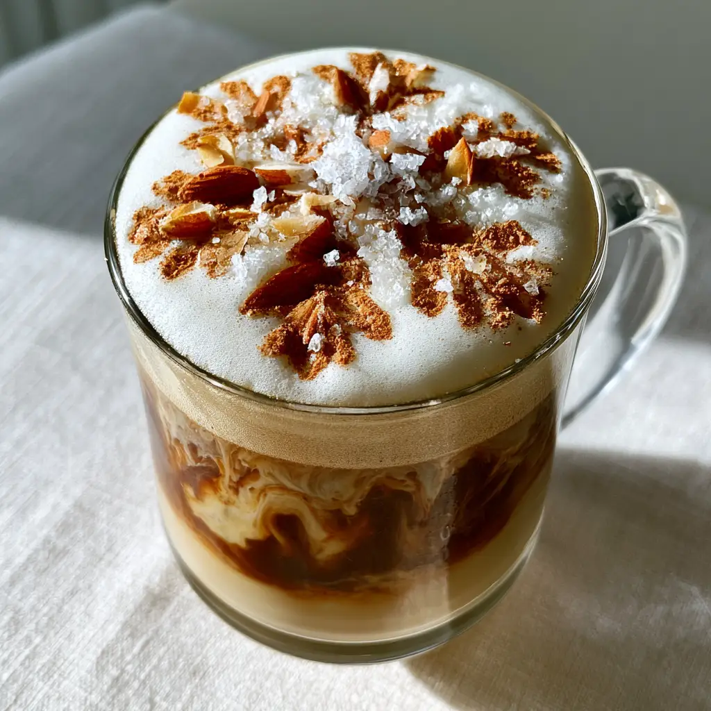 A side view of the Vanilla Almond Snowflake Latte on a white linen tablecloth with natural morning light.