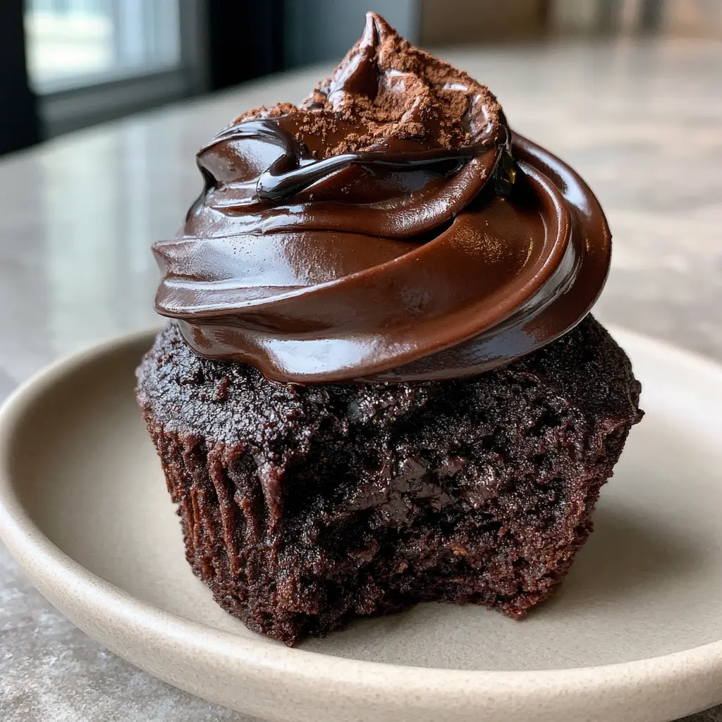 Inside view of moist chocolate cupcakes showing the airy, spongy texture and the rich dark velvet crumb color.