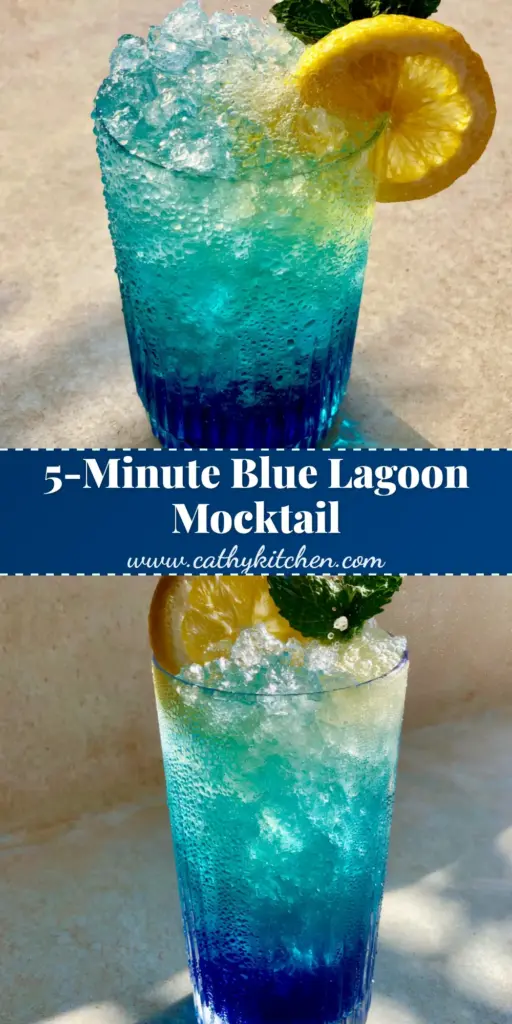 A vibrant Blue Mocktail in a ribbed highball glass with a lemon wheel and mint sprig garnish on a beige background.