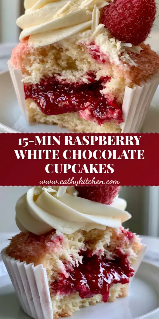 A close-up of a raspberry white chocolate cupcake split open to reveal a thick crimson-red raspberry filling with ivory frosting.
