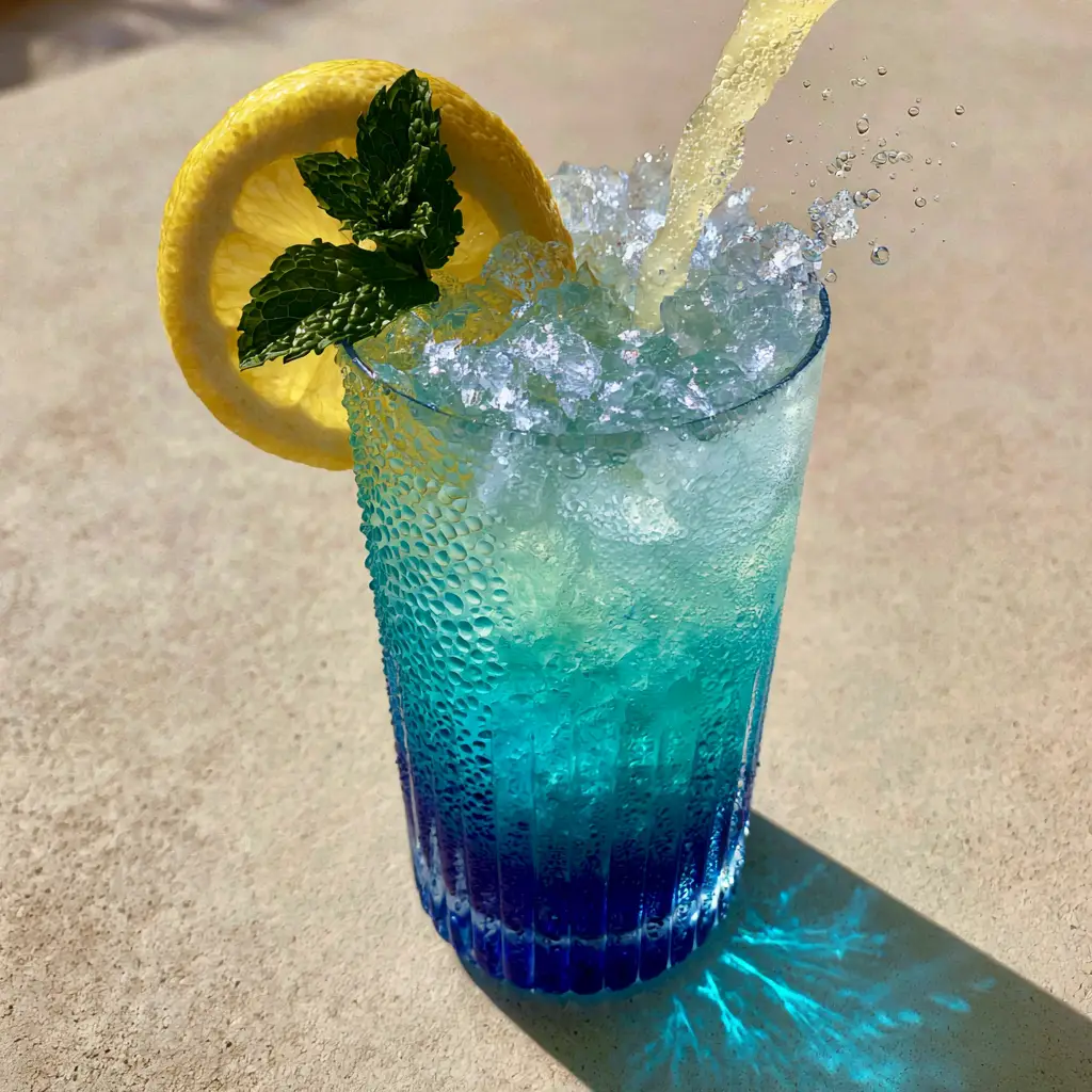 Close up handheld photo of a Blue Mocktail showing the ombre gradient from royal blue to turquoise with crushed ice.