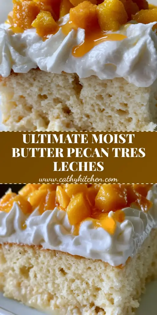 A close-up slice of butter pecan tres leches cake showing the saturated sponge, whipped cream, and caramel-drizzled pecans.