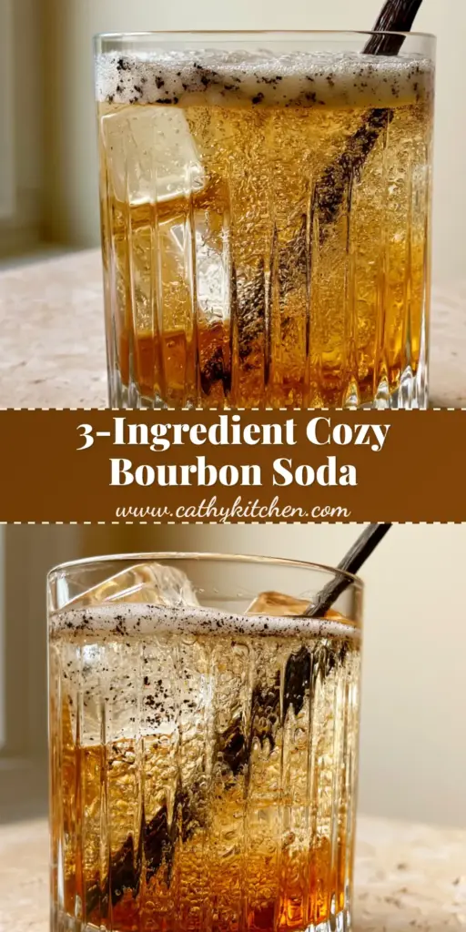 A tall glass of vanilla bourbon cream soda with clear ice, amber layers, and a vanilla bean garnish. (vanilla bourbon cream soda)