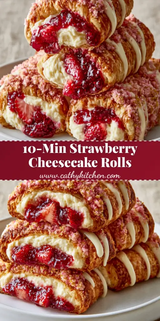 A stack of golden-brown crispy pastry Strawberry shortcake cheesecake rolls sliced open to show velvety cream cheese and glossy strawberry jam.