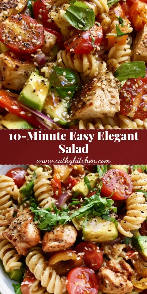 A premium Black Tie Wedding chicken rotini pasta salad featuring seared chicken, vibrant peppers, and creamy avocado in a minimalist bowl.